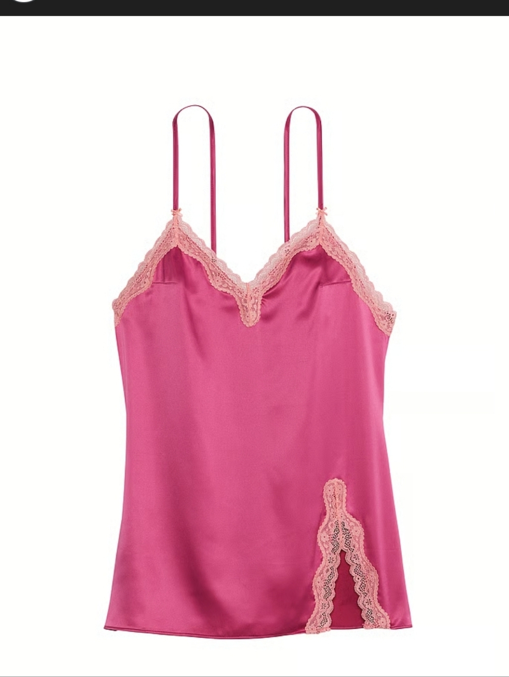 Y2K Victoria's Secret Tease Hot Pink Satin Slip (Long Top) Blush Lace Trim XL.